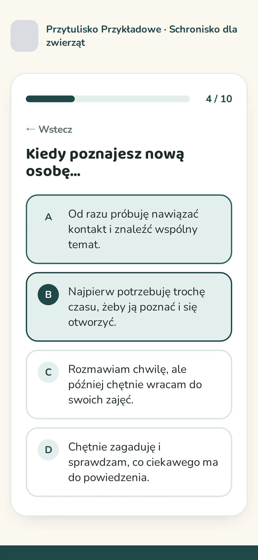 Pytanie quizu adopcyjnego na telefonie z paskiem postępu